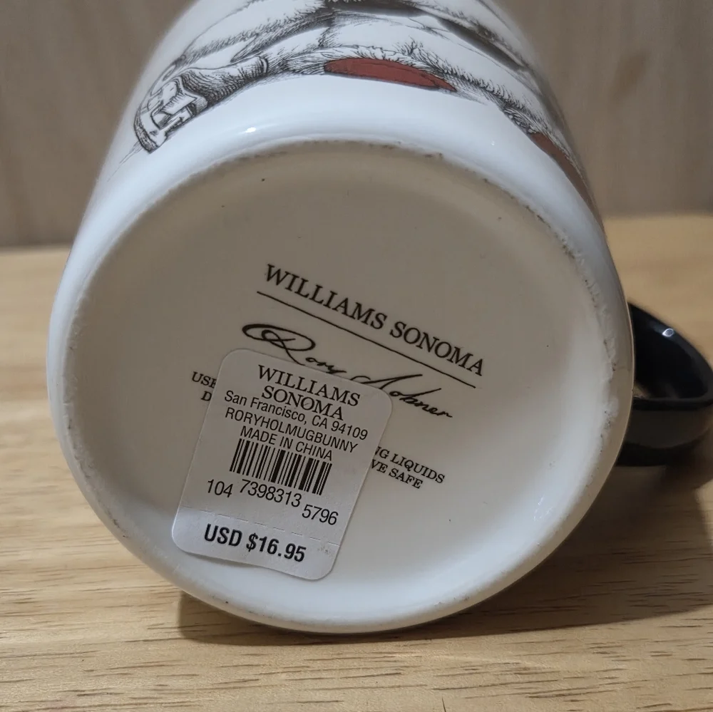 Williams Sonoma White Ceramic Mug with Black Handle and Red Accent